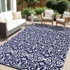 imageOLANLY Outdoor Rug Waterproof 5x8 ft Clearance Reversible Outdoor Plastic Straw Rug with Floral Pattern RV Mat for Patio Camping Balcony Deck Backyard Black ampamp WhiteNavy Blue  White