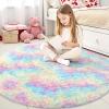 imageOLANLY Rainbow Round Rugs for Bedroom  Machine Washable 3x3 Feet Circle Area Rugs for Living Room Soft and Fluffy Shaggy Carpet for Teen Girls and Boys Nursery Rooms Dorms Home Decor AestheticRainbow