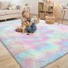 imageOLANLY Rainbow Round Rugs for Bedroom  Machine Washable 3x3 Feet Circle Area Rugs for Living Room Soft and Fluffy Shaggy Carpet for Teen Girls and Boys Nursery Rooms Dorms Home Decor AestheticRainbow