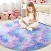 imageOLANLY Rainbow Round Rugs for Bedroom  Machine Washable 3x3 Feet Circle Area Rugs for Living Room Soft and Fluffy Shaggy Carpet for Teen Girls and Boys Nursery Rooms Dorms Home Decor AestheticPurple Rainbow