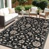 imageOLANLY Waterproof Outdoor Rug 5x8 ft Outdoor Plastic Straw Rug with Flower Pattern Reversible RV Mat for Patio Camping Balcony Deck Backyard Navy ampamp WhiteBlack  Beige