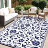 imageOLANLY Waterproof Outdoor Rug 5x8 ft Outdoor Plastic Straw Rug with Flower Pattern Reversible RV Mat for Patio Camping Balcony Deck Backyard Navy ampamp WhiteNavy Blue  White