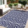 imageOLANLY Outdoor Rug Waterproof 5x8 ft Clearance Reversible Outdoor Plastic Straw Rug with Floral Pattern RV Mat for Patio Camping Balcony Deck Backyard Black ampamp WhiteNavy Blue  White