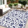 imageOLANLY Waterproof Outdoor Rug 5x8 ft Outdoor Plastic Straw Rug with Flower Pattern Reversible RV Mat for Patio Camping Balcony Deck Backyard Navy ampamp WhiteNavy Blue  White