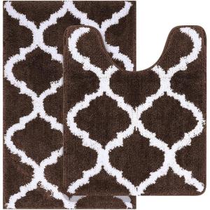 imageOLANLY Bathroom Rugs Set 2 Piece Microfiber Bath Shower Mat and UShaped Toilet Rug Machine Wash Dry Non Slip Absorbent Shaggy Bath Rug for Tub Shower and Bath Room 20quot x 32quot20quot x 24quot Brown