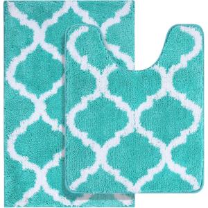 imageOLANLY Bathroom Rugs Set 2 Piece Microfiber Bath Shower Mat and UShaped Toilet Rug Machine Wash Dry NonSlip Absorbent Shaggy Bath Mats for Tub Shower and Bathroom 30quotx20quot24quotx20quot GreyTurquoise