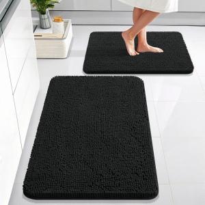 imageOLANLY Bathroom Rugs Sets 2 Piece Soft Absorbent Chenille Bath Mats Area Rug Set NonSlip Quick Dry Machine Washable Bath Mats for Bathroom Home Decor Accessories 30quotx20quot24quotx16quot GreyBlack