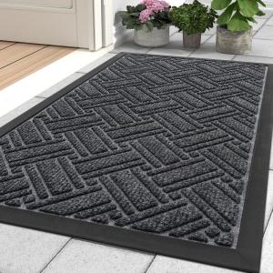 imageOLANLY Indoor Outdoor Mat Sturdy Natural Rubber Floor Mat Non Slip Low Profile Waterproof Doormat and Stain Front Door Mats Easy Clean Patio Entrance Mat 30x17 BlackGrey