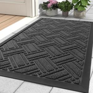 imageOLANLY Indoor Outdoor Mat Sturdy Natural Rubber Floor Mat Non Slip Low Profile Waterproof Doormat and Stain Front Door Mats Easy Clean Patio Entrance Mat 30x17 BlackLight Grey