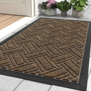 imageOLANLY Indoor Outdoor Mat Sturdy Natural Rubber Floor Mat Non Slip Low Profile Waterproof Doormat and Stain Front Door Mats Easy Clean Patio Entrance Mat 30x17 BlackBrown