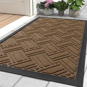 imageOLANLY Indoor Outdoor Mat Sturdy Natural Rubber Floor Mat Non Slip Low Profile Waterproof Doormat and Stain Front Door Mats Easy Clean Patio Entrance Mat 30x17 BlackLight Brown