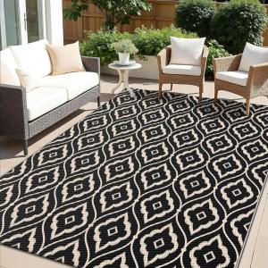imageOLANLY Outdoor Rug 5x8 ft Waterproof Outdoor Plastic Straw Rug with Geometric Pattern Clearance Reversible RV Mat for Patio Camping Balcony Deck Backyard Black ampamp WhiteBlack  Beige