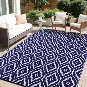 imageOLANLY Outdoor Rug 5x8 ft Waterproof Outdoor Plastic Straw Rug with Geometric Pattern Clearance Reversible RV Mat for Patio Camping Balcony Deck Backyard Black ampamp WhiteNavy Blue  White