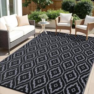 imageOLANLY Outdoor Rug 5x8 ft Waterproof Outdoor Plastic Straw Rug with Geometric Pattern Clearance Reversible RV Mat for Patio Camping Balcony Deck Backyard Black ampamp WhiteBlack  Grey
