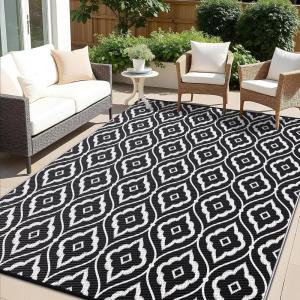 imageOLANLY Outdoor Rug 5x8 ft Waterproof Outdoor Plastic Straw Rug with Geometric Pattern Clearance Reversible RV Mat for Patio Camping Balcony Deck Backyard Black ampamp WhiteBlack  White