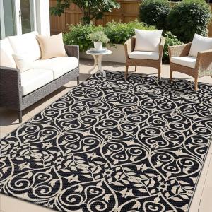 imageOLANLY Outdoor Rug Waterproof 5x8 ft Clearance Reversible Outdoor Plastic Straw Rug with Floral Pattern RV Mat for Patio Camping Balcony Deck Backyard Black ampamp WhiteBlack  Beige