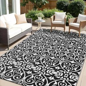 imageOLANLY Outdoor Rug Waterproof 5x8 ft Clearance Reversible Outdoor Plastic Straw Rug with Floral Pattern RV Mat for Patio Camping Balcony Deck Backyard Black ampamp WhiteBlack  White