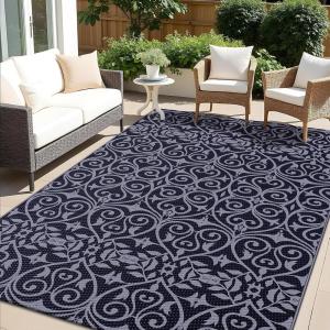 imageOLANLY Outdoor Rug Waterproof 5x8 ft Clearance Reversible Outdoor Plastic Straw Rug with Floral Pattern RV Mat for Patio Camping Balcony Deck Backyard Black ampamp WhiteBlack  Grey