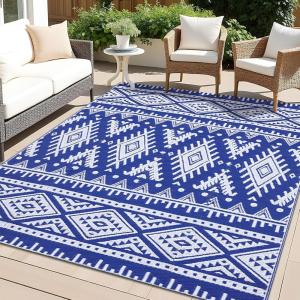 imageOLANLY Outdoor Rug Waterproof 6x9 ft Reversible Outdoor Plastic Straw Rug Boho Patio Rug Indoor Outdoor Carpet RV Mat Outside for Patio Camp Picnic Balcony Deck Backyard Black ampamp WhiteBlue  White