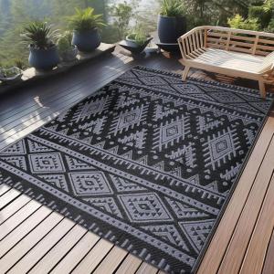 imageOLANLY Outdoor Rug Waterproof 6x9 ft Reversible Outdoor Plastic Straw Rug Boho Patio Rug Indoor Outdoor Carpet RV Mat Outside for Patio Camp Picnic Balcony Deck Backyard Black ampamp WhiteBlack  Grey