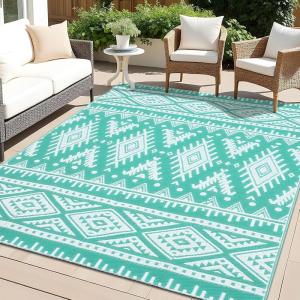 imageOLANLY Outdoor Rug Waterproof 6x9 ft Reversible Outdoor Plastic Straw Rug Boho Patio Rug Indoor Outdoor Carpet RV Mat Outside for Patio Camp Picnic Balcony Deck Backyard Black ampamp WhiteTurquoise  White