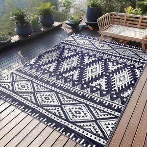 imageOLANLY Outdoor Rug Waterproof 6x9 ft Reversible Outdoor Plastic Straw Rug Boho Patio Rug Indoor Outdoor Carpet RV Mat Outside for Patio Camp Picnic Balcony Deck Backyard Black ampamp WhiteNavy Blue  White