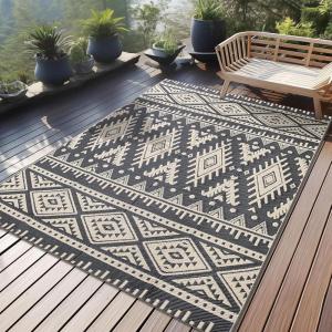 imageOLANLY Outdoor Rug Waterproof 6x9 ft Reversible Outdoor Plastic Straw Rug Boho Patio Rug Indoor Outdoor Carpet RV Mat Outside for Patio Camp Picnic Balcony Deck Backyard Black ampamp WhiteBlack  Beige