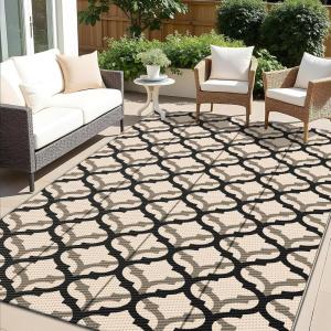 imageOLANLY Reversible Outdoor Rug 5x8 ft Clearance Waterproof Outdoor Plastic Straw Rug with Interlacing Pattern RV Mat for Patio Camping Balcony Deck Backyard Black ampamp WhiteBlack  Beige