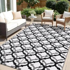 imageOLANLY Reversible Outdoor Rug 5x8 ft Clearance Waterproof Outdoor Plastic Straw Rug with Interlacing Pattern RV Mat for Patio Camping Balcony Deck Backyard Black ampamp WhiteBlack  White