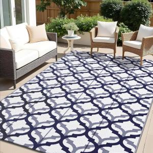 imageOLANLY Reversible Outdoor Rug 5x8 ft Clearance Waterproof Outdoor Plastic Straw Rug with Interlacing Pattern RV Mat for Patio Camping Balcony Deck Backyard Black ampamp WhiteNavy Blue  White