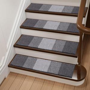 imageOLANLY Stair Treads Non Slip 15PCS 8quot x 30quot Indoor Stair Runners for Wooden Steps Edging Stair Rugs with Reusable Peel and Stick Adhesive for Kids Elders and Pets BrownGrey