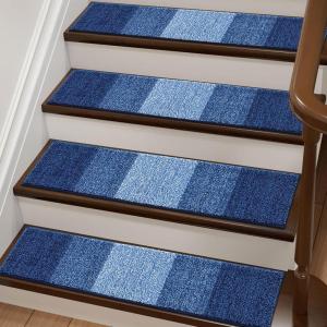 imageOLANLY Stair Treads Non Slip 15PCS 8quot x 30quot Indoor Stair Runners for Wooden Steps Edging Stair Rugs with Reusable Peel and Stick Adhesive for Kids Elders and Pets BrownNavy