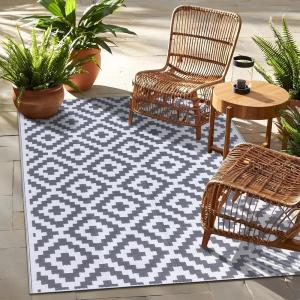 imageOLANLY Waterproof Outdoor Rug 5x8 ft Clearance Reversible Outdoor Plastic Straw Rug RV Mat Indoor Outdoor Carpet for Patio Camping Balcony Deck Backyard Black ampamp WhiteGrey  White