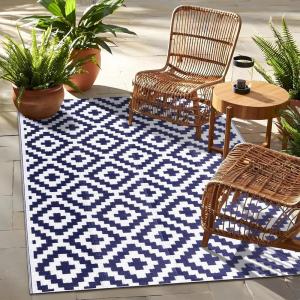 imageOLANLY Waterproof Outdoor Rug 5x8 ft Clearance Reversible Outdoor Plastic Straw Rug RV Mat Indoor Outdoor Carpet for Patio Camping Balcony Deck Backyard Black ampamp WhiteNavy Blue  White