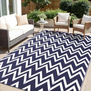 imageOLANLY Waterproof Outdoor Rug 5x8 ft Clearance Reversible Outdoor Plastic Straw Rug RV Mat Indoor Outdoor Carpet for Patio Camping Balcony Deck Backyard Black ampamp WhiteNavy Blue  Whitev