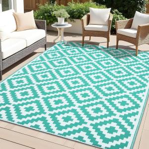 imageOLANLY Waterproof Outdoor Rug 5x8 ft Clearance Reversible Outdoor Plastic Straw Rug RV Mat Indoor Outdoor Carpet for Patio Camping Balcony Deck Backyard Black ampamp WhiteTurquoise  White
