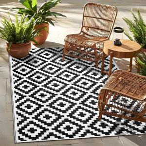imageOLANLY Waterproof Outdoor Rug 5x8 ft Clearance Reversible Outdoor Plastic Straw Rug RV Mat Indoor Outdoor Carpet for Patio Camping Balcony Deck Backyard Black ampamp WhiteBlack  White