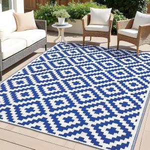 imageOLANLY Waterproof Outdoor Rug 5x8 ft Clearance Reversible Outdoor Plastic Straw Rug RV Mat Indoor Outdoor Carpet for Patio Camping Balcony Deck Backyard Black ampamp WhiteBlue  White