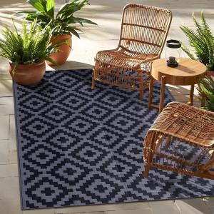 imageOLANLY Waterproof Outdoor Rug 5x8 ft Clearance Reversible Outdoor Plastic Straw Rug RV Mat Indoor Outdoor Carpet for Patio Camping Balcony Deck Backyard Black ampamp WhiteBlack  Grey