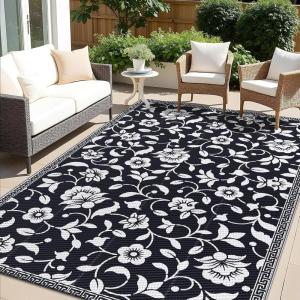imageOLANLY Waterproof Outdoor Rug 5x8 ft Outdoor Plastic Straw Rug with Flower Pattern Reversible RV Mat for Patio Camping Balcony Deck Backyard Navy ampamp WhiteBlack  White