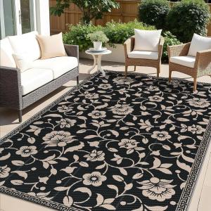 imageOLANLY Waterproof Outdoor Rug 5x8 ft Outdoor Plastic Straw Rug with Flower Pattern Reversible RV Mat for Patio Camping Balcony Deck Backyard Navy ampamp WhiteBlack  Beige