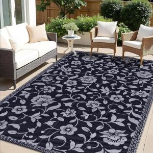 imageOLANLY Waterproof Outdoor Rug 5x8 ft Outdoor Plastic Straw Rug with Flower Pattern Reversible RV Mat for Patio Camping Balcony Deck Backyard Navy ampamp WhiteBlack  Grey