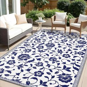 imageOLANLY Waterproof Outdoor Rug 5x8 ft Outdoor Plastic Straw Rug with Flower Pattern Reversible RV Mat for Patio Camping Balcony Deck Backyard Navy ampamp WhiteNavy Blue  White