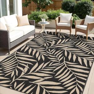 imageOLANLY Waterproof Outdoor Rug 5x8 ft Reversible Outdoor Plastic Straw Rug with Leaf Pattern RV Mat Indoor Outdoor Carpet for Patio Camping Balcony Deck Backyard Grey ampamp WhiteBlack  Beige