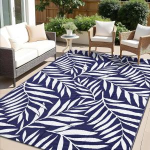 imageOLANLY Waterproof Outdoor Rug 5x8 ft Reversible Outdoor Plastic Straw Rug with Leaf Pattern RV Mat Indoor Outdoor Carpet for Patio Camping Balcony Deck Backyard Grey ampamp WhiteNavy Blue  White