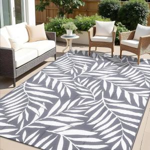 imageOLANLY Waterproof Outdoor Rug 5x8 ft Reversible Outdoor Plastic Straw Rug with Leaf Pattern RV Mat Indoor Outdoor Carpet for Patio Camping Balcony Deck Backyard Grey ampamp WhiteGrey  White