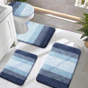 imageOLANLY Bathroom Rugs Sets 4 Piece Soft Microfiber Absorbent Bath Mat UShaped Contour Toilet Mat and Toilet Lid Cover Quick Dry Machine Washable Toilet Cover and Rug Set for Bathroom GreyNavy