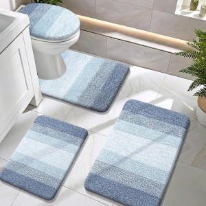 imageOLANLY Bathroom Rugs Sets 4 Piece Soft Microfiber Absorbent Bath Mat UShaped Contour Toilet Mat and Toilet Lid Cover Quick Dry Machine Washable Toilet Cover and Rug Set for Bathroom GreyBlue