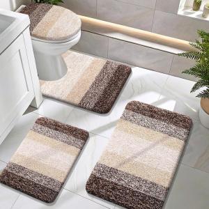 imageOLANLY Bathroom Rugs Sets 4 Piece Soft Microfiber Absorbent Bath Mat UShaped Contour Toilet Mat and Toilet Lid Cover Quick Dry Machine Washable Toilet Cover and Rug Set for Bathroom GreyBrown