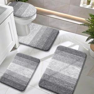 imageOLANLY Bathroom Rugs Sets 4 Piece Soft Microfiber Absorbent Bath Mat UShaped Contour Toilet Mat and Toilet Lid Cover Quick Dry Machine Washable Toilet Cover and Rug Set for Bathroom GreyGrey